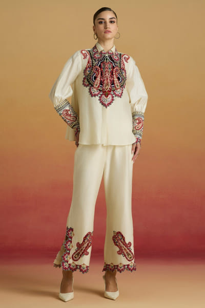 Ivory paisley embroidered pants
