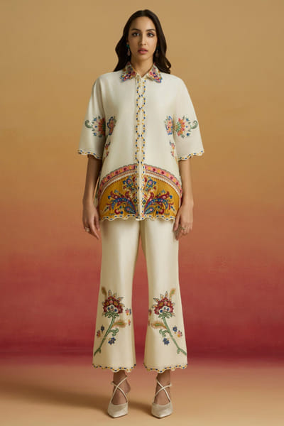 Ivory appliqué embroidered pants