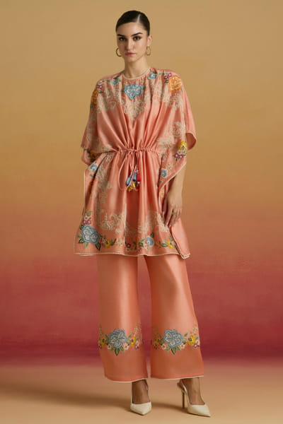 Apricot floral embroidered pants