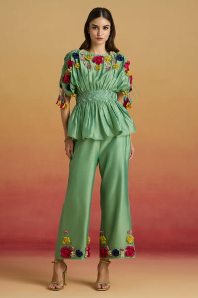 Sage green floral embroidered straight pants