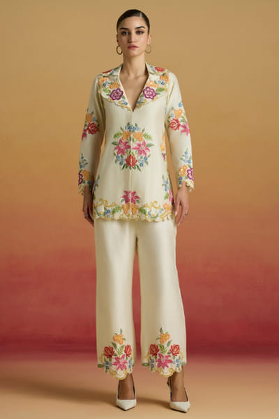 Ivory thread embroidered pants