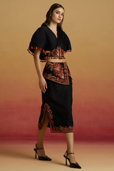 Black thread embroidered layered skirt