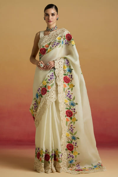 Ivory thread embroidered sari