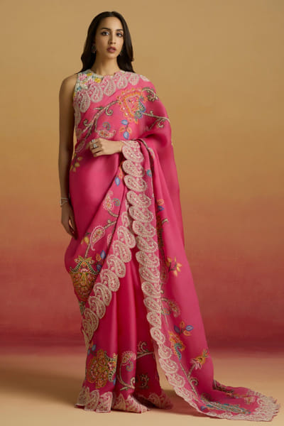 Hot pink cord embroidered sari