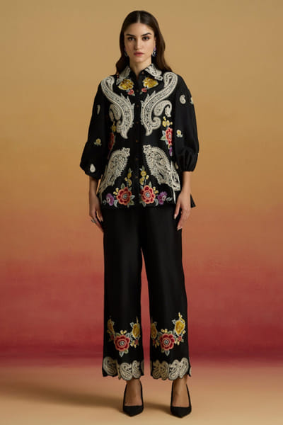 Black cord embellished paisley shirt