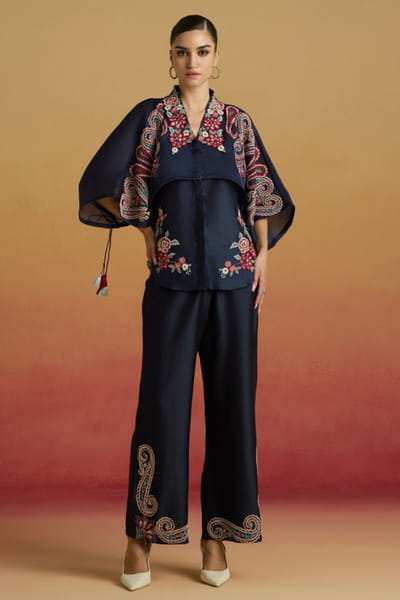 Indigo bead embroidered layered shirt