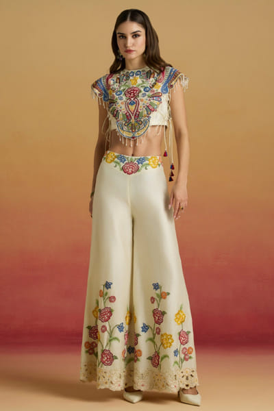 Ivory thread embroidered yoke top