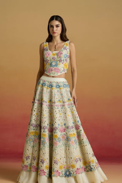 Ivory thread embroidered corset