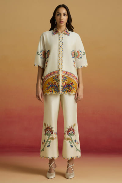 Ivory appliqué embroidered kaftan shirt