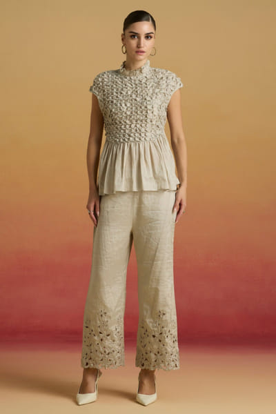 Silver crystal embellished smocked top