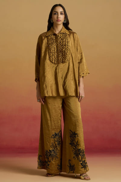 Gold crystal embellished smocked shirt