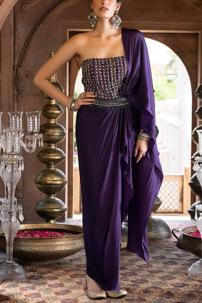 Purple embroidered saree gown set