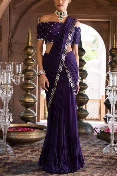 Purple embroidered pre-draped saree set