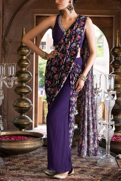 Purple floral print pre-draped saree set