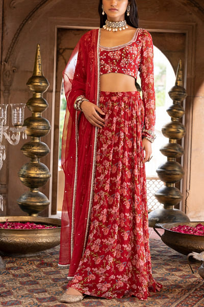 Maroon floral print lehenga set
