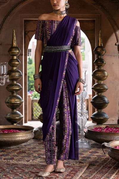 Purple geometric print pant saree set