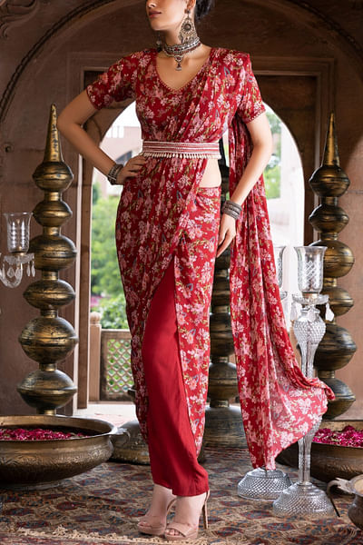 Maroon floral printed pant saree set