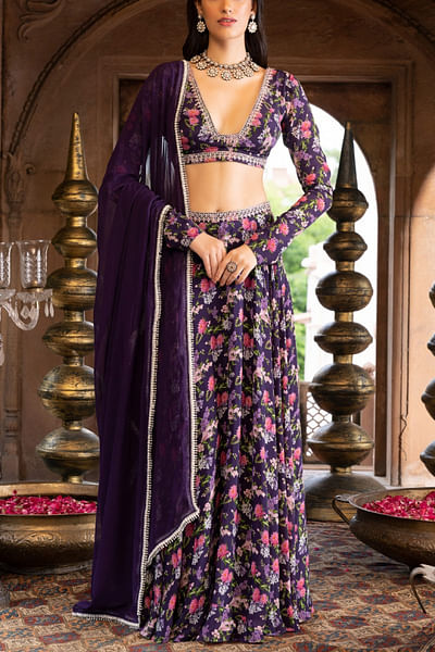 Purple floral print lehenga set