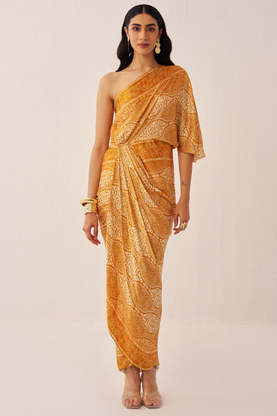 Orange printed one-shoulder dress