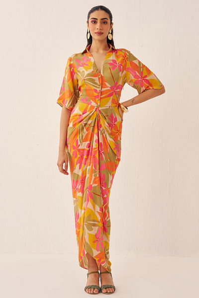 Orange floral printed shirt dress