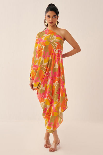 Orange floral printed one-shoulder dress