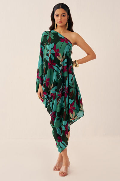 Green floral printed one-shoulder dress