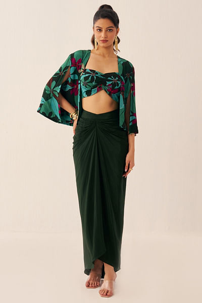 Green floral printed cape set