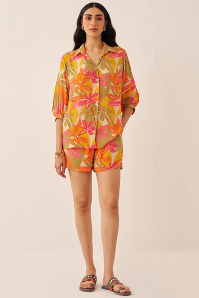 Orange floral printed and sequinned co-ords