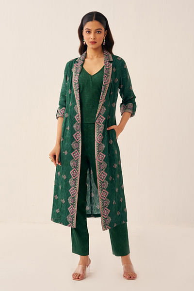 Green printed jacket set