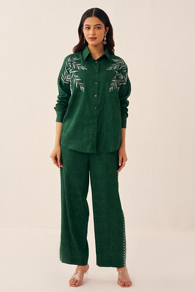 Green printed and embroidered co-ords