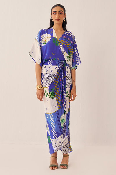 Blue printed draped dress