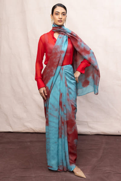 Ekaya Blue and red digital printed chiffon sari EKAYMAY26D144897