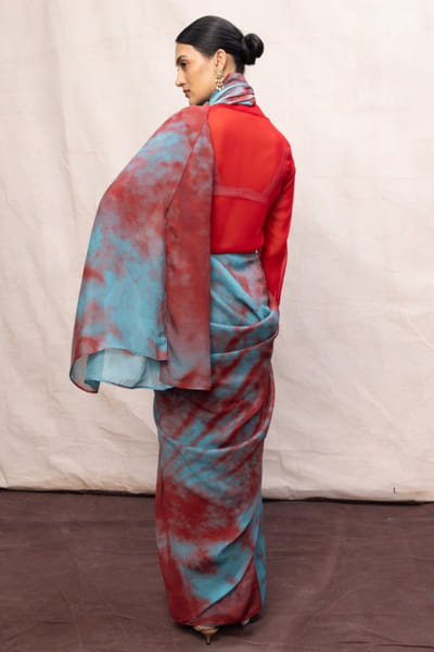 Ekaya Blue and red digital printed chiffon sari EKAYMAY26D144897