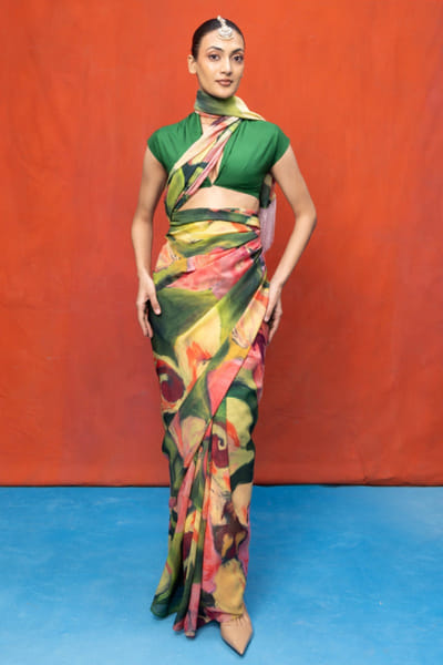 Ekaya Green and pink printed chiffon sari EKAYMAY26D144900