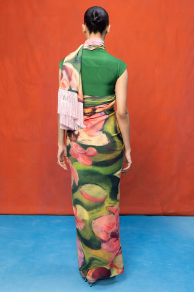 Ekaya Green and pink printed chiffon sari EKAYMAY26D144900