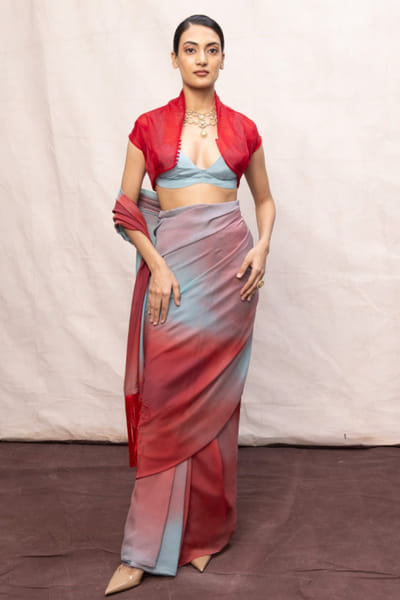 Ekaya Red and blue digital print sari EKAYMAY26D144902