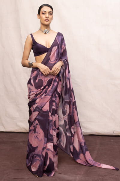 Ekaya Purple and pink digital printed chiffon sari EKAYMAY26D144904