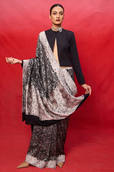 Ekaya Black embossed handwoven sari EKAYJUL26D148956