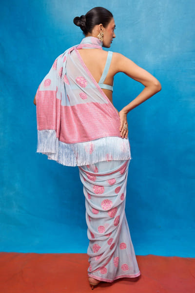Ekaya Ice blue chiffon cutwork banarasi sari EKAYMAY26D144906