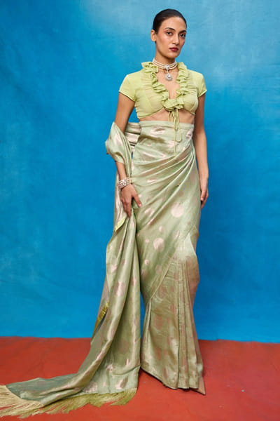 Ekaya Pistachio green cutwork banarasi sari EKAYMAY26D144907