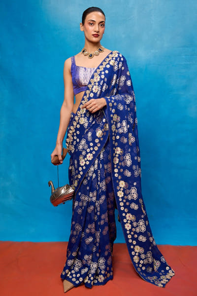 Ekaya Royal blue cutwork handwoven banarasi sari EKAYJUL26D148960