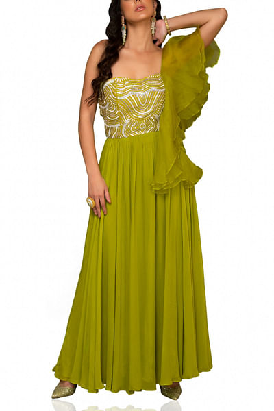 Green ruffle embroidered gown