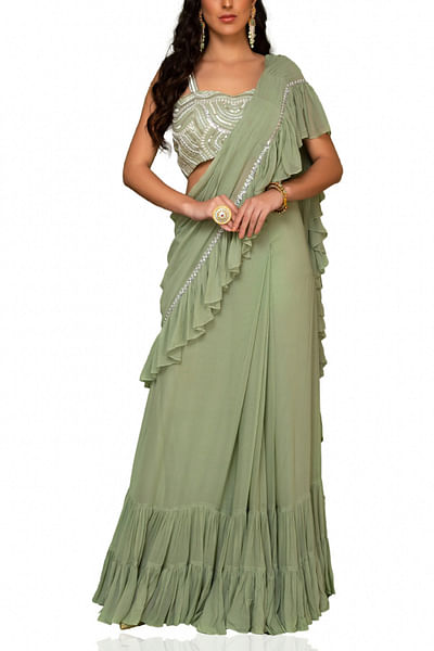 Sage green ruffle draped sari