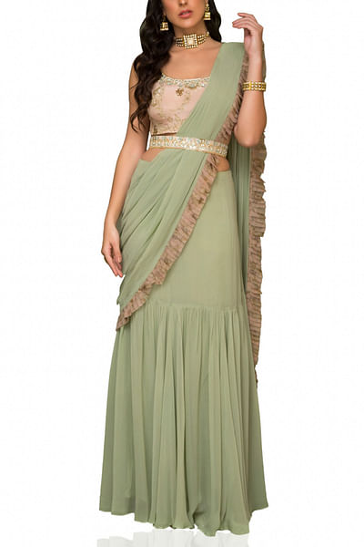 Sea green draped sari