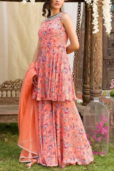 Coral printed sharara set