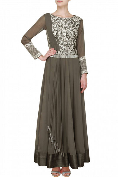 Grey anarkali with attached dupatta