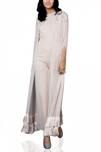 Jumpsuit with fringed cape