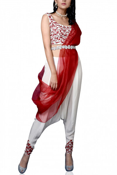 Embroidered top, draped pants, oraganza drape and belt