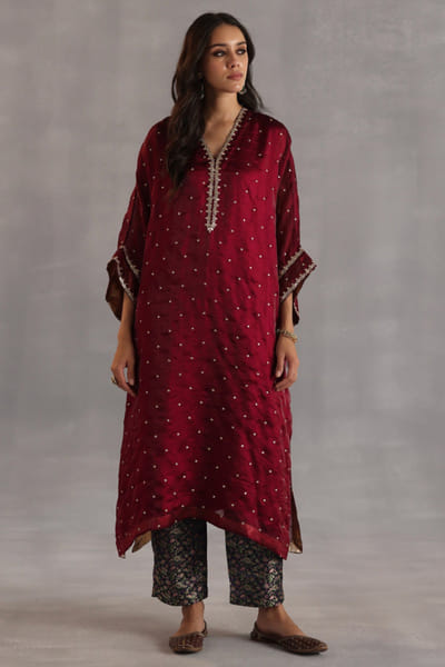 Ruby red hand embroidered phiran set