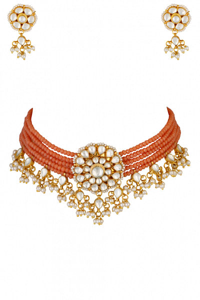 Peach floral kundan necklace set
